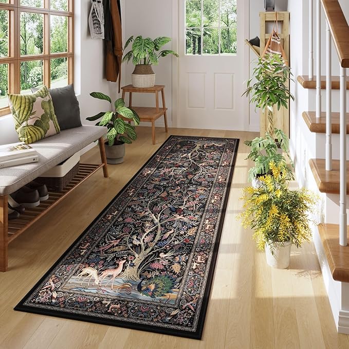 Rugcomf Runner Rug Vibrant Tree of Life-Patterned Vintage Kitchen Rugs Non Slip Washable Soft Carpet Runner for Laundry Bedroom Bathroom, Black