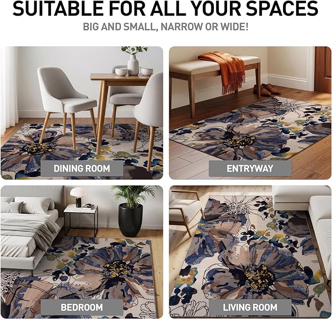 Rugshop Cream Bright Flowers Non Slip Non-Shedding Round Area Rug for Living Room, Dining Room and Bedroom, 8'