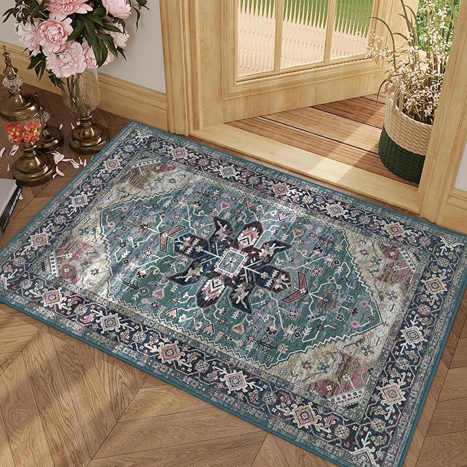 Enkor Area Soft Rugs 2x3 Washable Non Slip Boho Small Floor Entryway Rugs for Living Room Bedroom, Vintage Style Farmhouse Mat for Kitchen Purple & Green