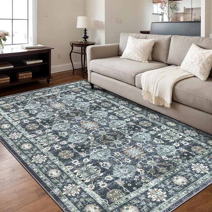 Washable 9×12 Area Rug for Living Room, Vintage Floral Rug Soft Non Slip Stain Resistant Boho Carpet for Indoor Bedroom Dinning Room Home Office Blue/Navy