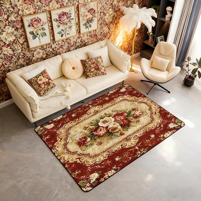 Elegant Red Floral 3 x 5 Area Rug Gold Geometric Rugs for Living Room | Bohemian Nordic Floral Washable Rug, Antique Decor Victorian Damask Carpet Indoor Floor Mat