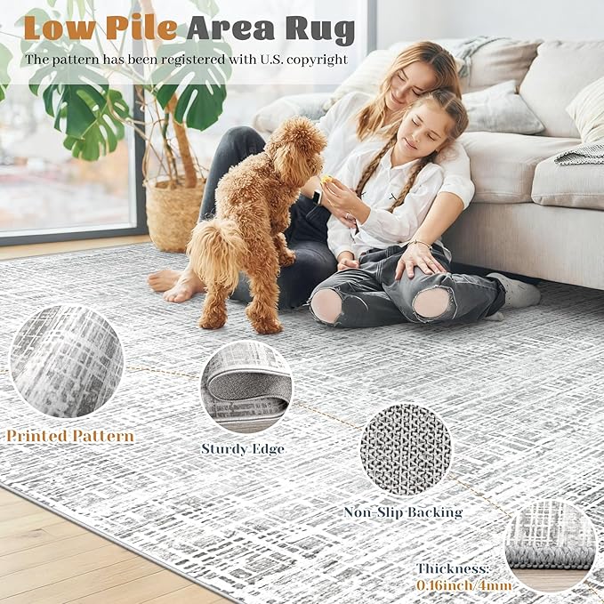 6x9 Area Rugs for Living Room, Washable Large Area Rug Neutral Modern Abstract Bedroom Rug Soft Non Slip Low Pile Stain Resistant Indoor Carpet for Nursery Kids Dining Room Office(Grey, 6'x9')
