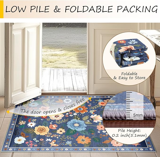 Floral 6x9 Area Rug Machine Washable Soft Print Boho Carpet Non Slip Doormat Low Pile Flower Area Rugs for Living Room Bedroom Nursery Kitchen Dining Room Indoor-Blue/Grey