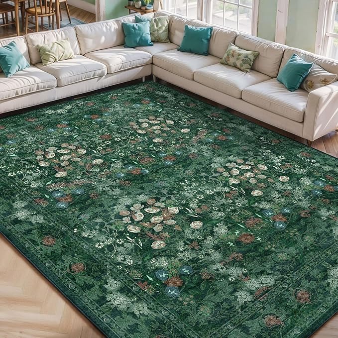 Washable Farmhouse Green 9x12 Rug for Living Room - Boho Floral Art Deco Area Rug for Bedroom, Dining Room Under Kitchen Table, Large Distressed Low Pile Non Slip Carpet - Soft Botanical Mat