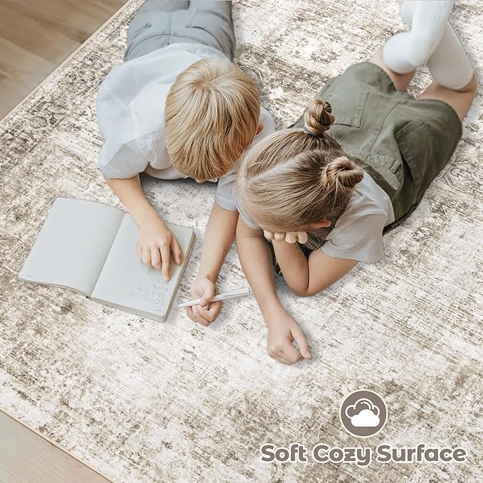 Area Rug 9x12 Washable Rug, Vintage Boho Medallion Rugs Non-Slip Soft Low Pile Large Distressed Rug Indoor Retro Carpet for Living Room Bedroom Dining Room Home Office (Taupe, 9'x12')