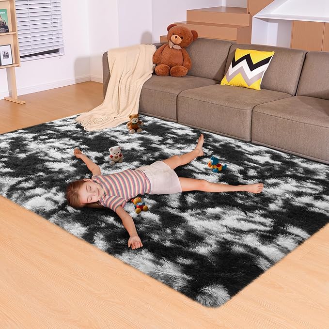 5x7 Area Rugs for Living Room, Fluffy Large Rugs for Bedroom, Soft Shag Fuzzy Non-Slip Carpet for Kids Boys and Girls Nursery Room Dorm Indoor Home Decor (Black and White, 5ft x 7ft)