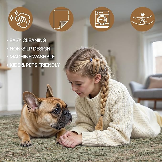 2x10 Runner Rug Machine Washable Boho Runners for Hallway,Ultra-Thin Low Pile Rug,Lightweight Indoor Carpet,Non Slip Floral Runners for Enrtyway, Corridor, Home Office, Kitchen,Sage