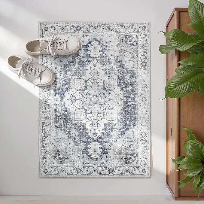 jinchan Kelda Area Rug 2x3 Entryway Rug Washable Doormat Vintage Retro Indoor Distressed Door Mat Accent Gray Floor Cover Lightweight Non Slip Low Pile Carpet for Bathroom Living Room Bedroom Grey