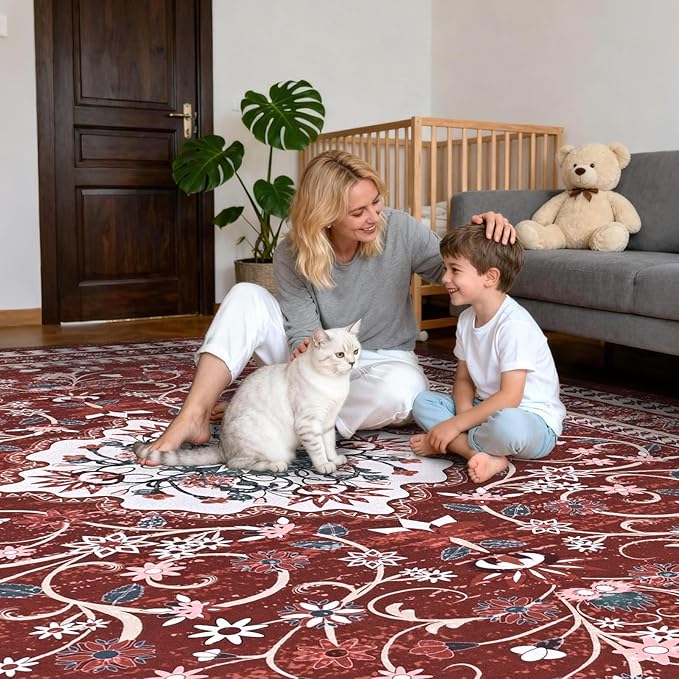 Luxury 8' x 10' Red Washable Area Rugs, Boho Low Pile Easy Clean Non-Slip Rug, Floral Medallion Pattern Vintage Rugs for Living Room, Dinning Room, Office, Bedroom, Bathroom, Laundry Room, Farmhouse