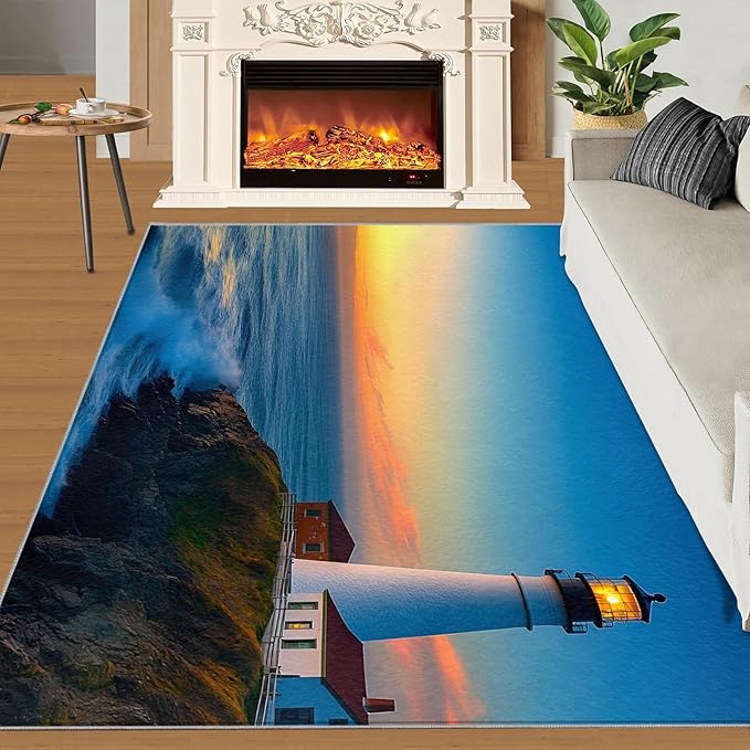 Coastal Rugs for Bedroom - 6x9 Area Rug - Ocean Lighthouse Rugs for Living Room, Sunset Ocean Scenery Rug, Non-Slip Washable Home Decor Carpet