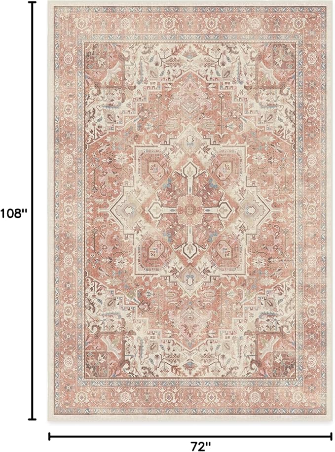 RUGGABLE Washable Area Rug – Kamran Rose Pink 6x9, Stain-Resistant, Non-Slip – Medium Machine Washable Rugs for Living Room, Bedroom, Hallway, Entryway & Office–with Cushioned Pad