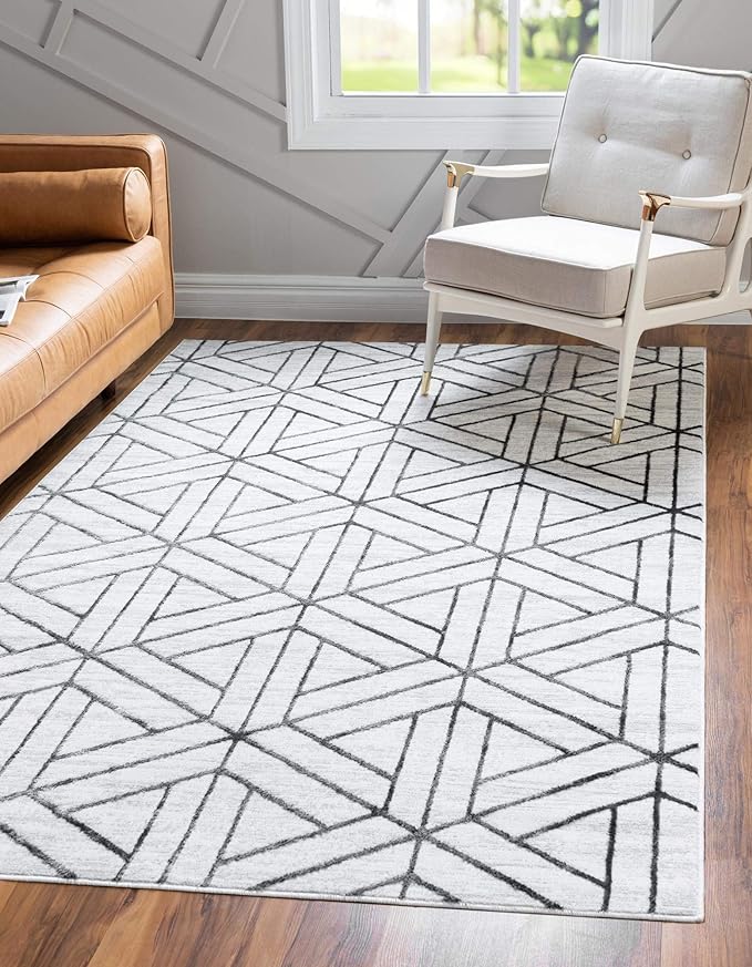 Rugs.com Lattice Trellis Collection Rug – 6' x 9' White Low-Pile Rug Perfect for Living Rooms, Large Dining Rooms, Open Floorplans