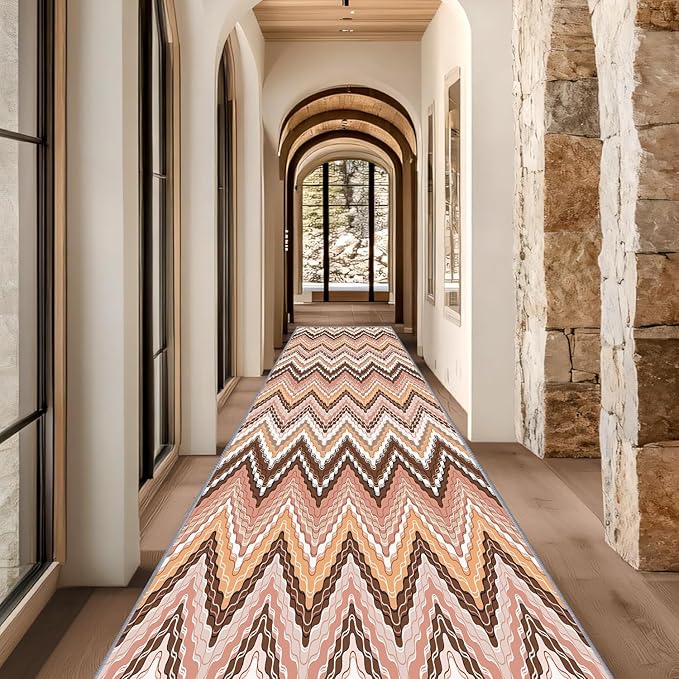 Brown Pink White Wave Runner Rug, 4x12ft Soft Tone Hallway Decor Carpet - Modern Home Corridor & Foyer Long Rug Non-Slip Mat, Washable Flannel Material, Bedroom Stylish Accent Rugs