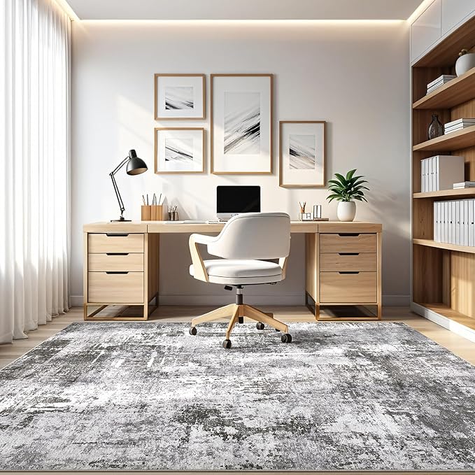 9x12 Area Rug Living Room: Washable Large Abstract Modern Soft Stain Resistant Indoor Floor Rugs Non Slip Accent Carpet for Bedroom Nursery Playroom Office Dining Room Dorm Home House- Black Grey