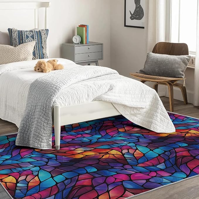 Abstract Rug, 5x7 Rug, Stained Glass Rugs for Living Room Bedroom, Modern Large Area Rug, Washable Rug Non Slip Soft Indoor Carpet, Kids and Pets Friendly, Abstract Home & Room Decor