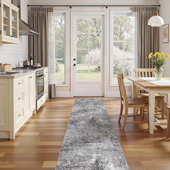 Washable Runner Rug for Hallway: 2.6x12 Neutral Modern Abstract Low Pile Area Rug with Non-Slip Backing - Carpet for Bedroom Kitchen Laundry Entryway Bathroom Indoor - Grey