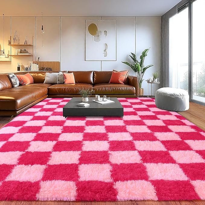 Area Rugs for Living Room, Soft Shaggy Carpets for Living Room, Fuzzy Rugs for Kids' Room, Perfect Decor for Modern Home Hot Pink Grid 6x9 Feet