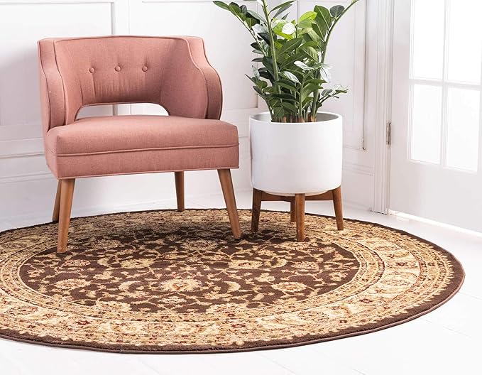 Unique Loom Voyage Collection Traditional Oriental Classic Intricate Design Area Rug (6' 0 x 6' 0 Round, Brown/Ivory)