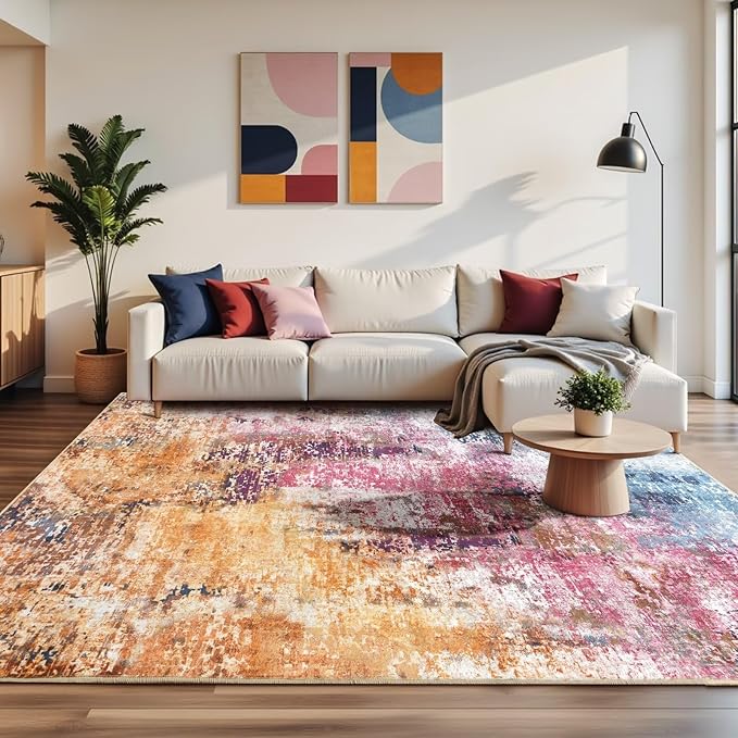 Washable Abstract Rug, 5x7 Modern Area Rugs with Non-Slip Rubber Backed for Living Room, Thin but Soft Contemporary Carpet Kitchen Bedroom Dining Room Decor, Galaxy