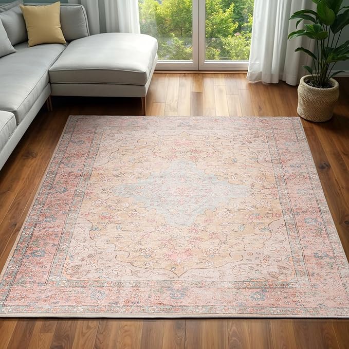 5x7 Washable Rug – Boho Non-Slip Indoor Area Rug for Living Room, Bedroom, Dining Room, Entryway – Soft Peach and Sky Blue with Blush Accents