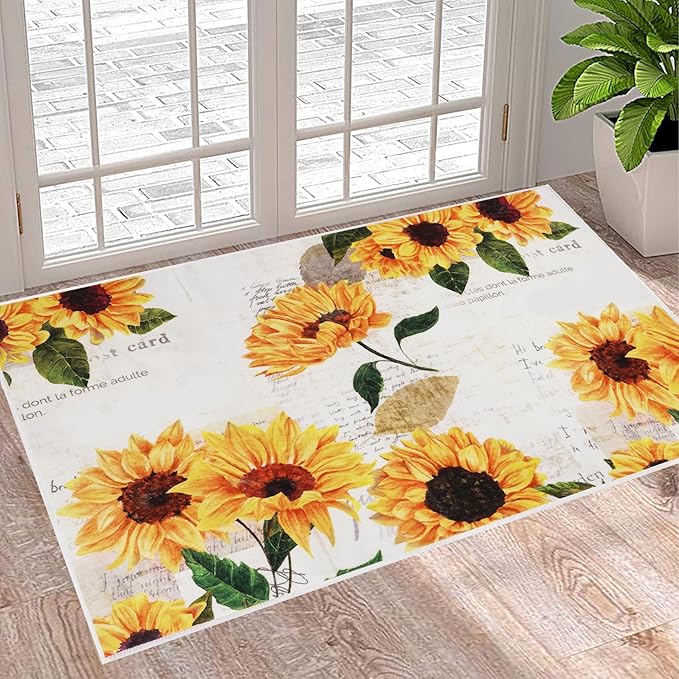 Sunflower Area Rug - 2' x 3' Vintage Oil Painting Artwork Small Rug Doormat Vintage Floral Non-Slip Washable Low-Pile Floor Carpet for Living Room Bedroom Dinning Room Kitchen Bathroom