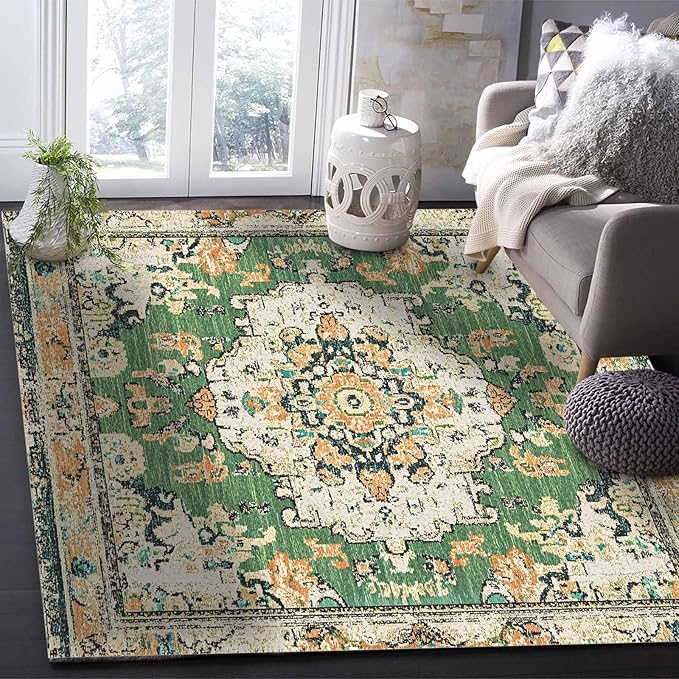 Bohemian Pattern Rectangular Area Rugs for Living Room Bedroom 5 x 8 ft Green & Orange Abstract Non-Shedding Soft Low Pile Rug Non Slip Washable Rug for Nursery Entryway Playroom