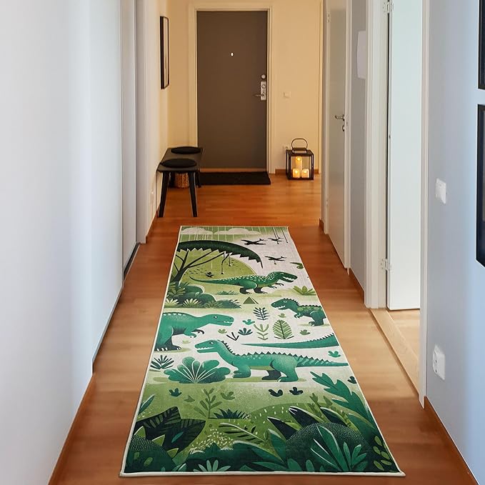 Ambesonne Dinosaur Decorative Rug, Modern Artwork of Jurassic Scenario with Dino Animals and Wild Jungle, Quality Carpet for Bedroom Dorm and Living Room, 2' 5" x 7' 5", Jade Green Teal White