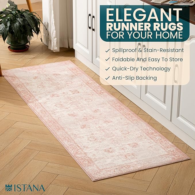 Istana Hallway Runner Rug 2x6 - Pink Kitchen Rugs Non Slip Washable -Silk's Soft Touch Carpet Runner - Stylish Rug for Home
