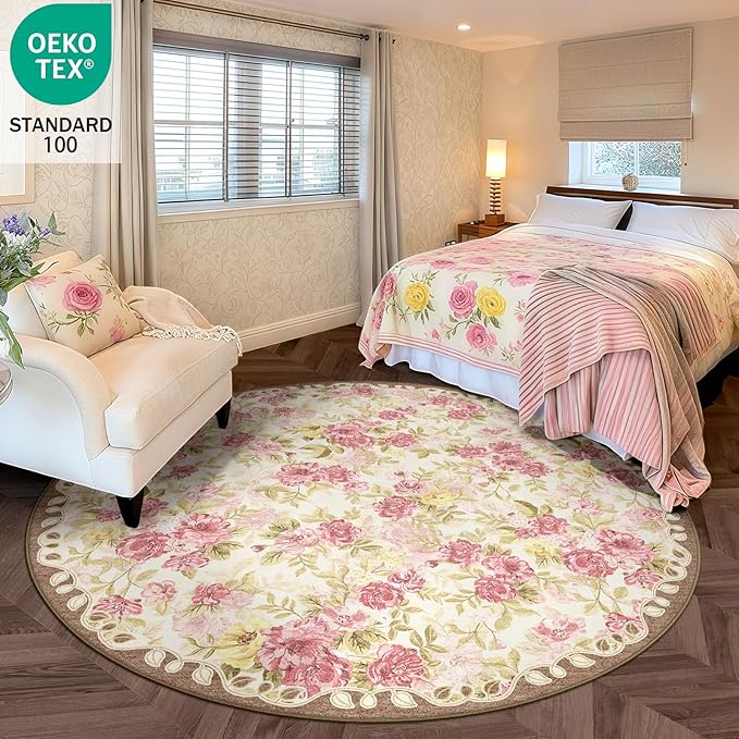 6ft Round Machine Washable Area Rug for Living Room, Pink Vintage Boho Floral Rug Large Non-Slip Low Pile Soft Faux Wool Carpet, Kids and Pets Friendly for Bedroom Nursery Farmhouse Home Decor Rug
