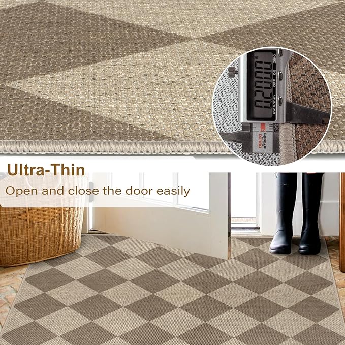Easy Jute Checkered Entryway Rug, 2x3 Brown Modern Indoor Outdoor Doormat, Washable Non-Slip Neutral Small Kitchen Rug Farmhouse Diamond Throw Rugs for Entrance Bedroom Bathroom