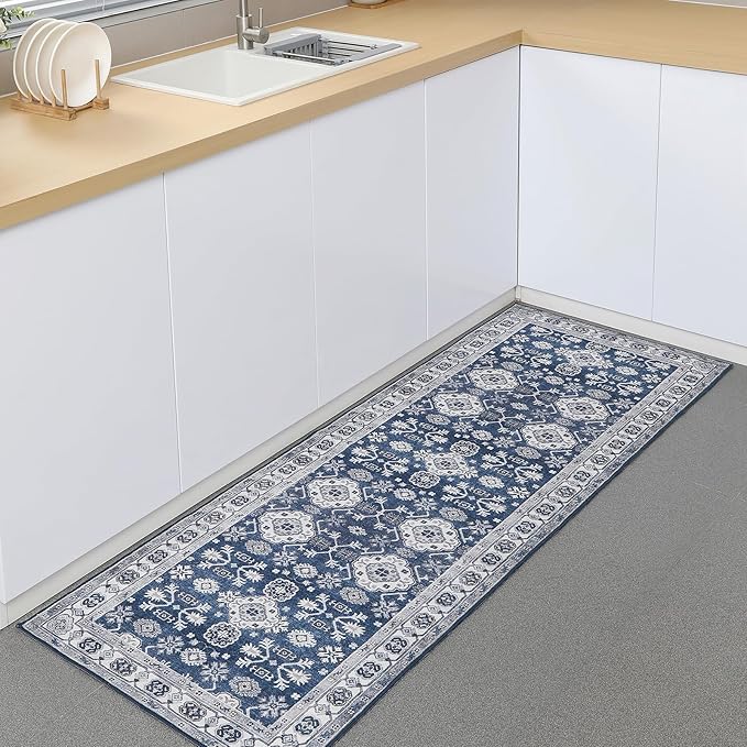 VK VK·LIVING Machine Washable Rug 2'x6' Vintage Design Washable Runner Area Rugs with Non Slip Rugs for Living Room Bedroom Traditional Woven Carpet Stain Resistant Dining Office Boho Rug, (Navy)