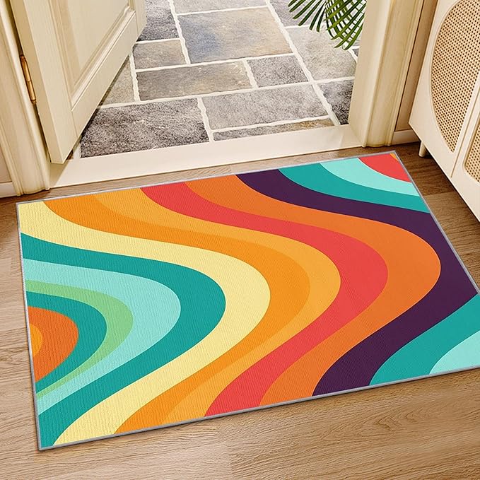 Retro Rugs for Living Room 70s -Abstract Wave Rug, 5x6 ft, Colorful Rainbow Area Rug, Groovy Geometric Washable Non-Slip Stain Resistant Carpet, Mid Century Retro 70s Home Decor & Gifts