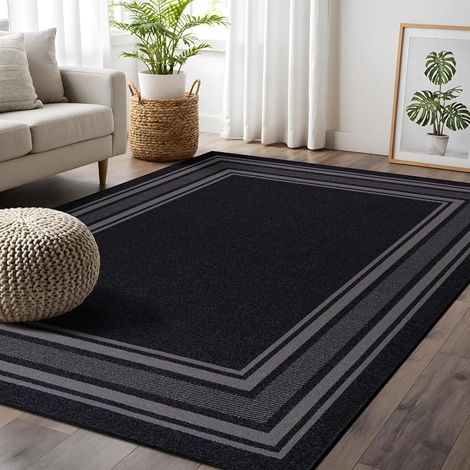 Beverly Rug Non Slip Area Rugs 3x5 Modern Bordered Non Skid Rubber Backing Soft Area Rug for Living Dining Room Easy to Clean Non Shedding Kitchen Bedroom Indoor Carpet 3 x 5 Black