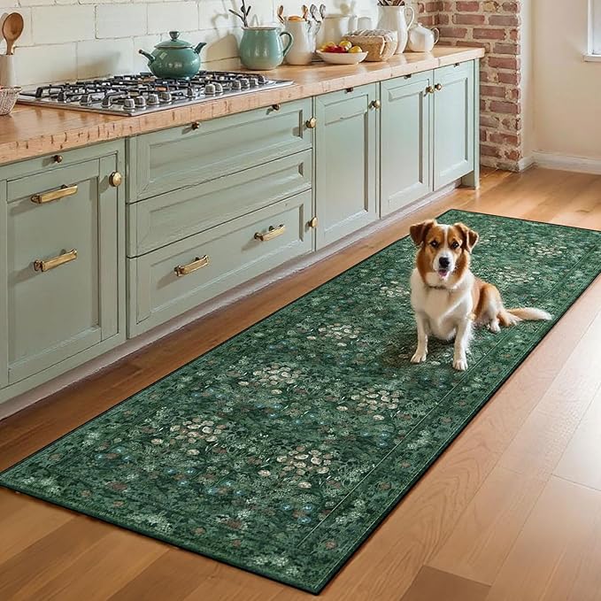 Boho Green Long Hallway Runner Rug 2x6 Washable, Farmhouse Floral Botanical Non Skid Kitchen Floor Mat - Vintage Soft Throw Rug for Bathroom, Indoor Entrance, Foyer, Bedroom Bedside, Laundry