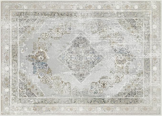 Phantoscope Washable Area Rug 5'x7' Non-Slip, Vintage Neutral Rugs for Living Room, Bedroom, Dining Room, Distressed Boho Medallion Pattern, Low-Pile Foldable Floor Carpet, Silver Grey/Taupe