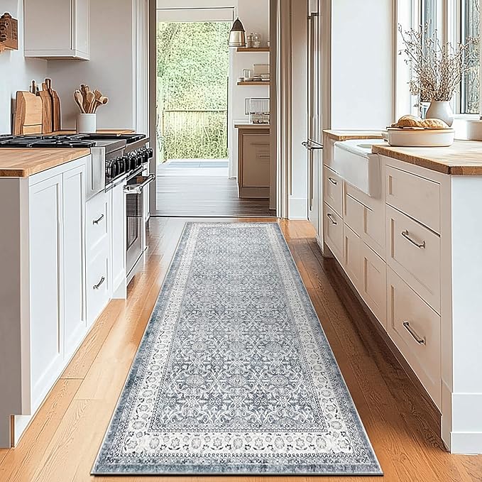 jinchan Hallway Runner Rug 2x10 - Machine Washable Grey Vintage Floral Distressed Design Soft Non-Slip Low-Pile Ultra-Thin Runner Rug for Kitchen Laundry Room Bedroom Farmhouse (2‘x10', Grey)