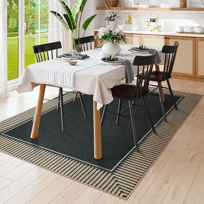 Moynesa Striped Border Easy Jute Outdoor Rug 4x6, Washable Indoor Outdoor Patio Area Rugs for Balcony Backyard Non Slip, Modern Classic Farmhouse Carpet for Living Room, Black