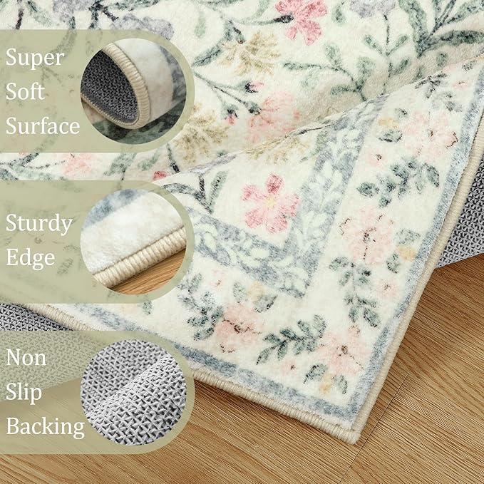 Morebes Floral Machine Washable Area Rugs 5x7, Vintage Boho Nursery Rug Girl Non-Slip, Flower Indoor Floor Throw Carpet for Living Room Bedroom Kitchen Playroom Home, White/Multi