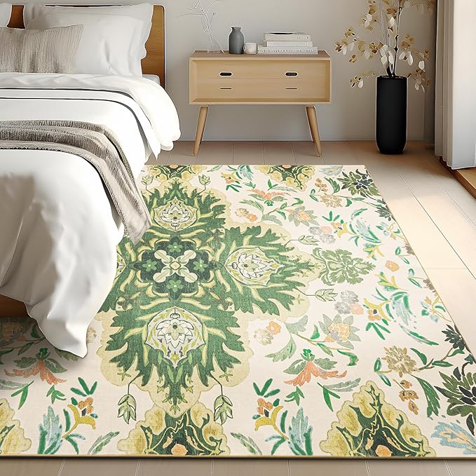Phantoscope Washable Area Rug 5'x7' Non-Slip, Vintage Boho Rugs for Living Room, Bedroom, Dining Room, Neutral Green Floral Medallion Pattern, Low-Pile Foldable Floor Carpet, Forest Green/Cream