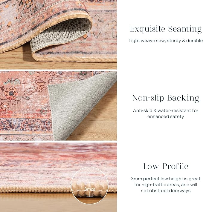 Phantoscope Washable Area Rug 9'x12' Non-Slip, Vintage Neutral Fall Rugs for Living Room, Bedroom, Dining Room, Distressed Boho Medallion Pattern, Low-Pile Foldable Floor Carpet, Rust Orange