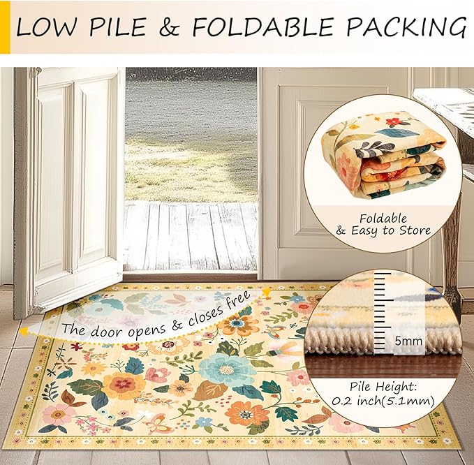 Floral 8ft Area Rug Machine Washable Soft Print Boho Carpet Non Slip Doormat Low Pile Flower Area Rugs for Living Room Bedroom Nursery Kitchen Dining Room Indoor-Ivory/Yellow