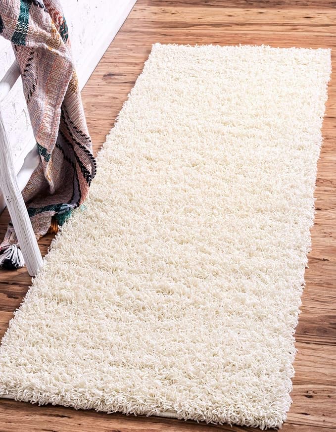 Unique Loom Solid Shag Collection Area Rug (2' 6" x 13' 1" Runner, Pure Ivory)