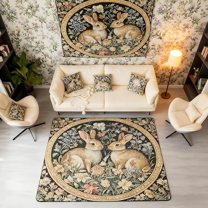 Rustic Rabbits 3 x 5 Area Rug Country Plant Leaves Floral Rugs for Living Room | Vintage Farmhouse Style Farm Animals Washable Rug, Cute Rabbit Botanical Carpet Indoor Floor Mat