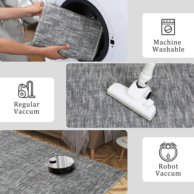 RUGSREAL Washable 4ft Round Rug Modern Solid Area Rug Circle Rug for Entryway Kitchen Indoor Non-Slip Dining Room Throw Carpet Contemporary Area Rug for Bedroom Living Room Nursery, 4' x 4' Round Grey