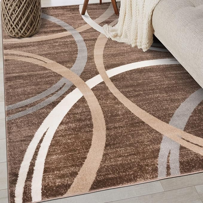 Rugshop Modern Wavy Circles Design Area Rug, Fade-Resistant Carpet for Bedroom, Office, or Small Spaces, Brown, 3'3" x 5'