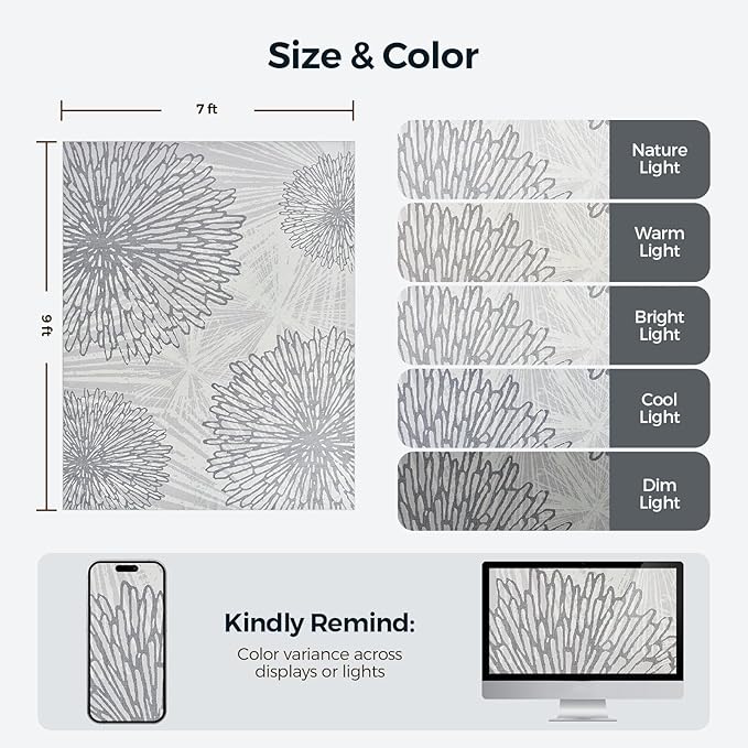 WITSHOCK 7x9 Washable Rug for Living Room,Modern Floral Distress Print Pattern Area Rugs,Stain Resistant with Non Slip Backing Carpet for Dining Room,Bedroom & Home Decor,Grey White