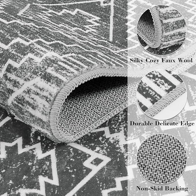 Wonnitar Moroccan 5x7 Washable Rug, Large Grey Area Rug for Living Room, Non-Slip Boho Bedroom Carpet Thin Soft Non-Shedding Farmhouse Rug for Dining Room Table Kitchen Home Office (Dark Grey,5'x7')