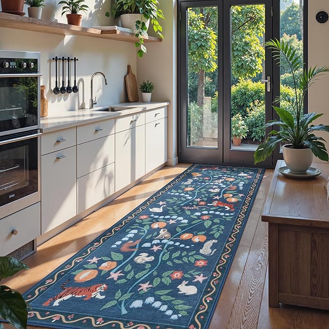 Collive Kitchen Runner Rugs Non Slip, Washable Jungle Animal Carpet Runners for Hallway Bathroom 2.6x8ft, Soft Bedroom Rug Blue Ultra Thin Stain Resistant Indoor Mats for Entryway, Bedside