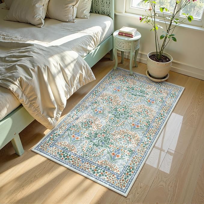 Lahome Floral Washable Rugs for Entryway, 2x3 Kitchen Rugs Non Slip Boho Soft Door Mat Indoor Entrance, Ultra-Thin Easy Clean Forest Design Small Throw Carpet for Bedroom Bathroom, Green