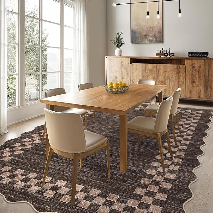 GarveeHome 8x10 Area Rug for Living Room Scalloped Washable Large Bedroom Rug Non Slip Stain Resistant Modern Border Dining Room Throw Carpet Scalloped Boho Rug for Home Decor Office Nursery, Brown